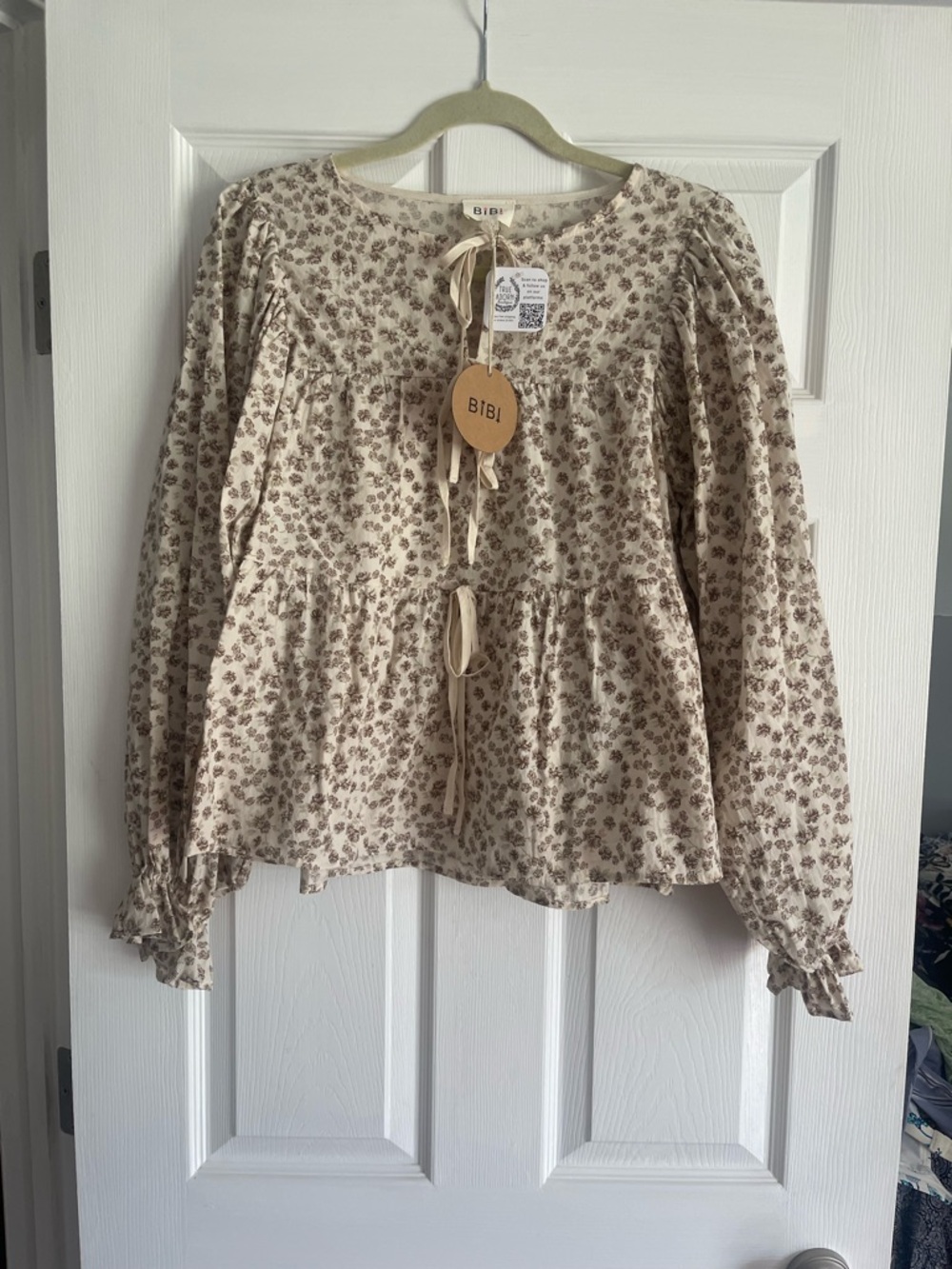 BiBi Cream Blush Floral Tie-Front Peasant Blouse